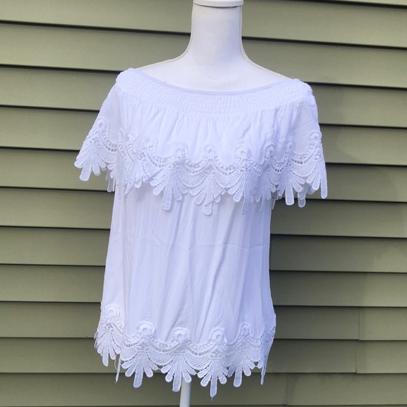 vivid Tops - White Lace Off-Shoulder Top